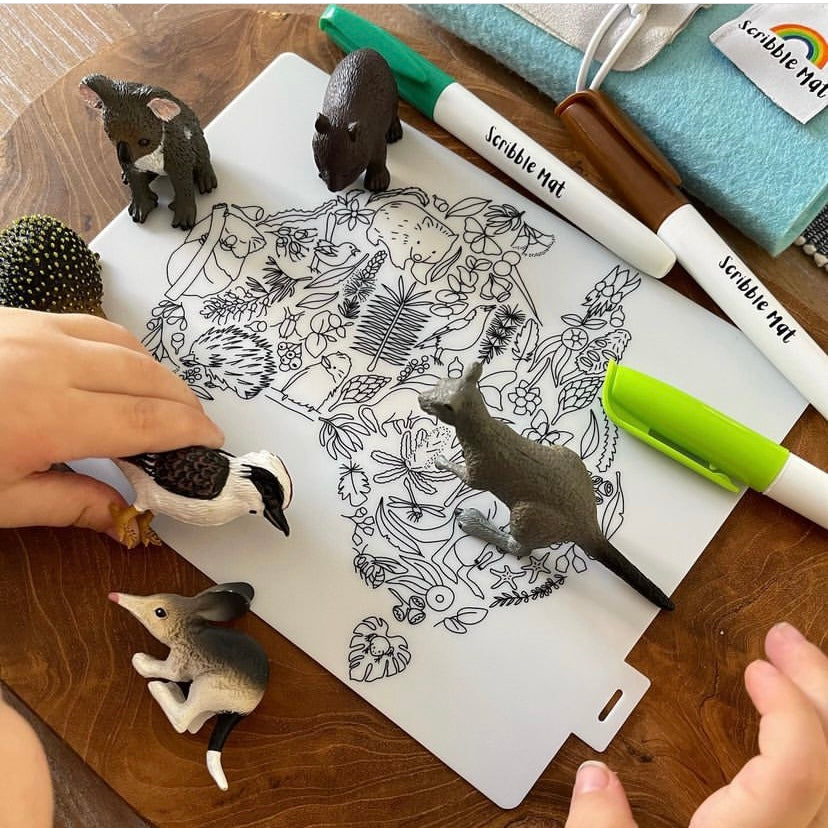 SCRIBBLE MAT- ORIGINAL- Mini Australian Map Reusable Scribble Mat- 3 Pens