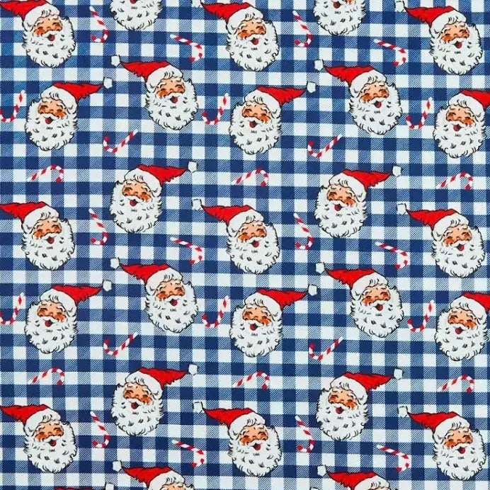 MUMMA WHOOPEE- SINGLE CHRISTMAS WINE GLASS SLIPPER/COASTERS- Blue Check Santa & Spots