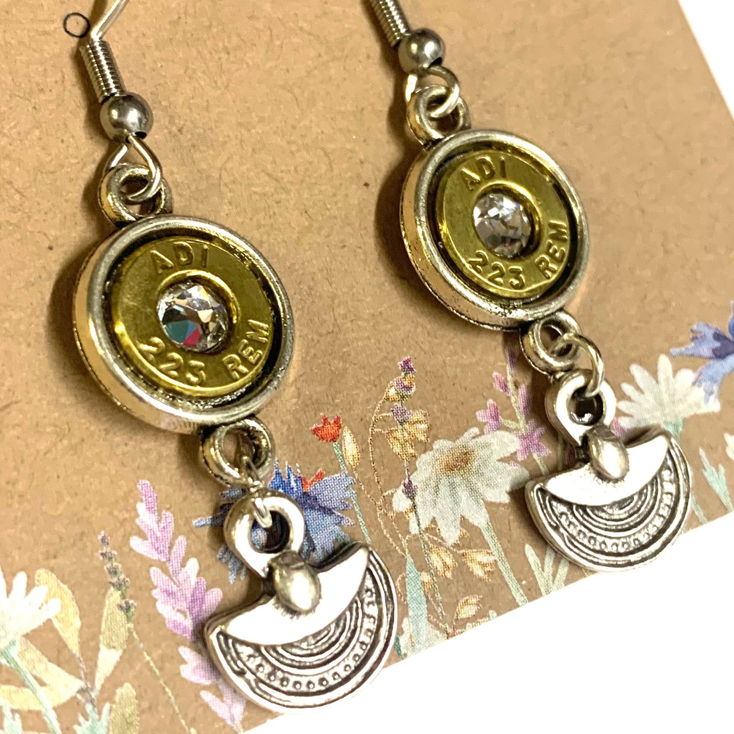 WILD BRASS- Charm Drops- Folded Discs with Clear Swarovski Crystals