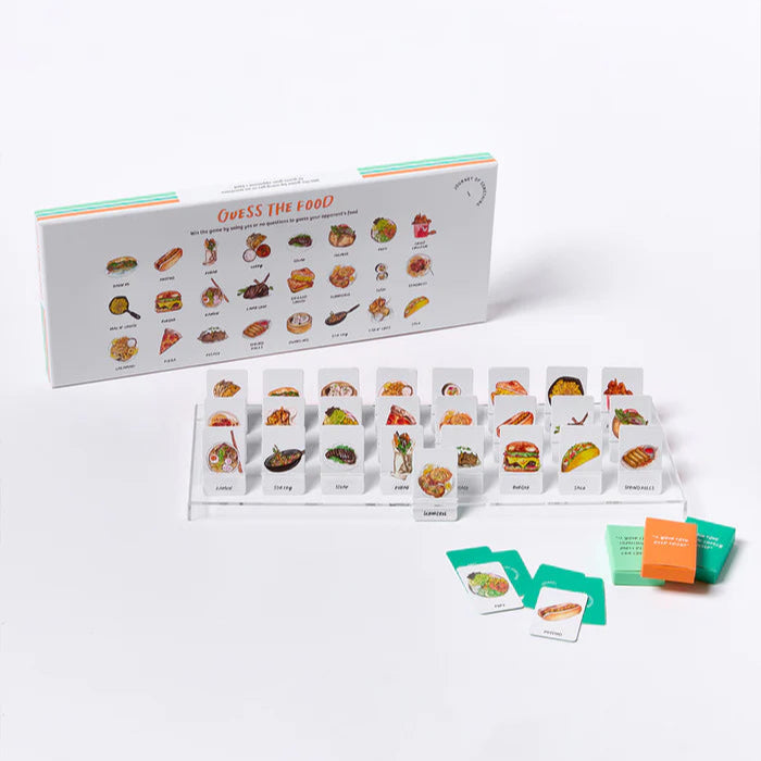 Guess the food game set with cards and box on a white background
