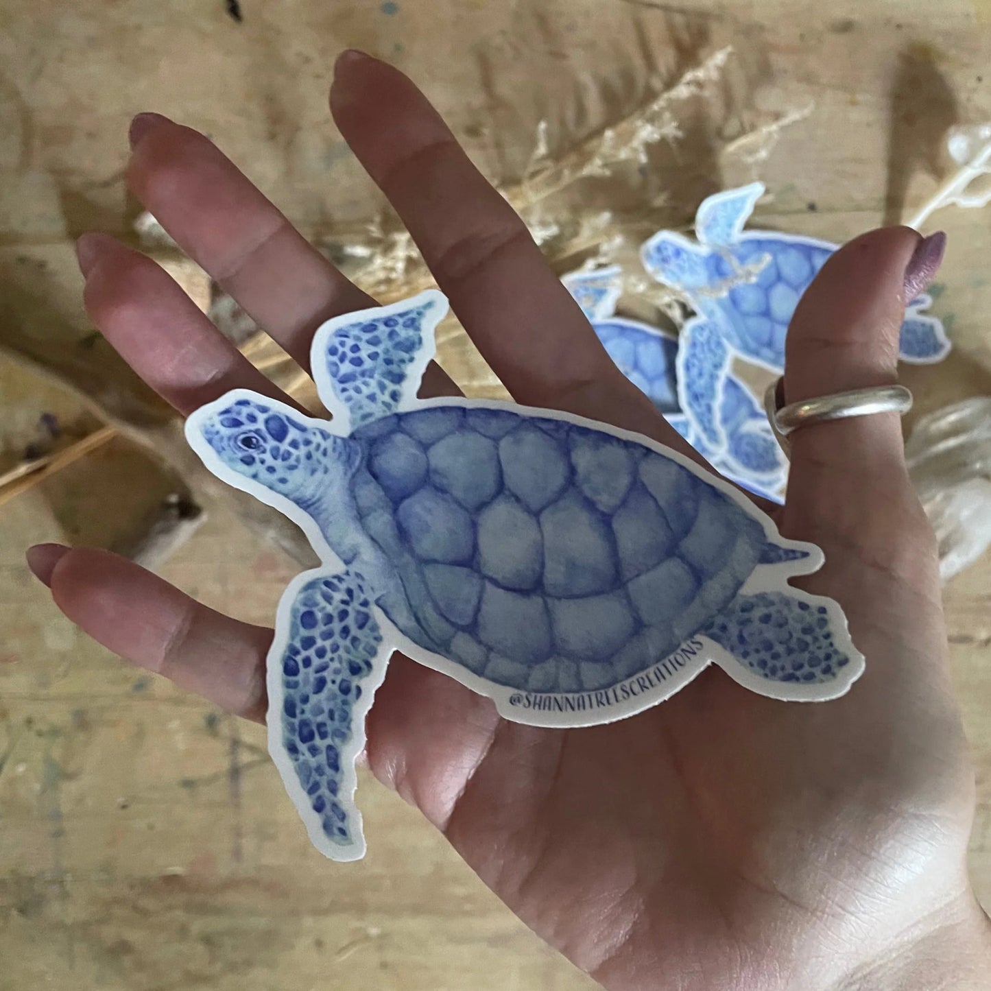 Hand holding a blue turtle sticker on a wooden surface