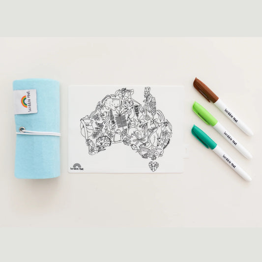 SCRIBBLE MAT- ORIGINAL- Mini Australian Map Reusable Scribble Mat- 3 Pens