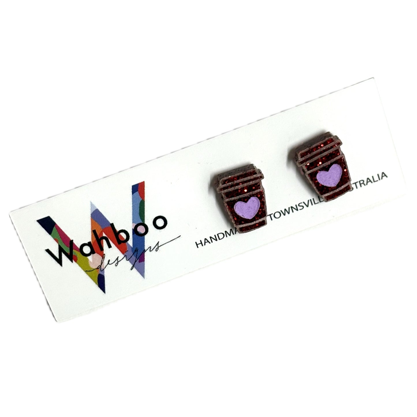 WAHBOO- Coffee Takeaway Cup Stud Earrings - Red and Purple