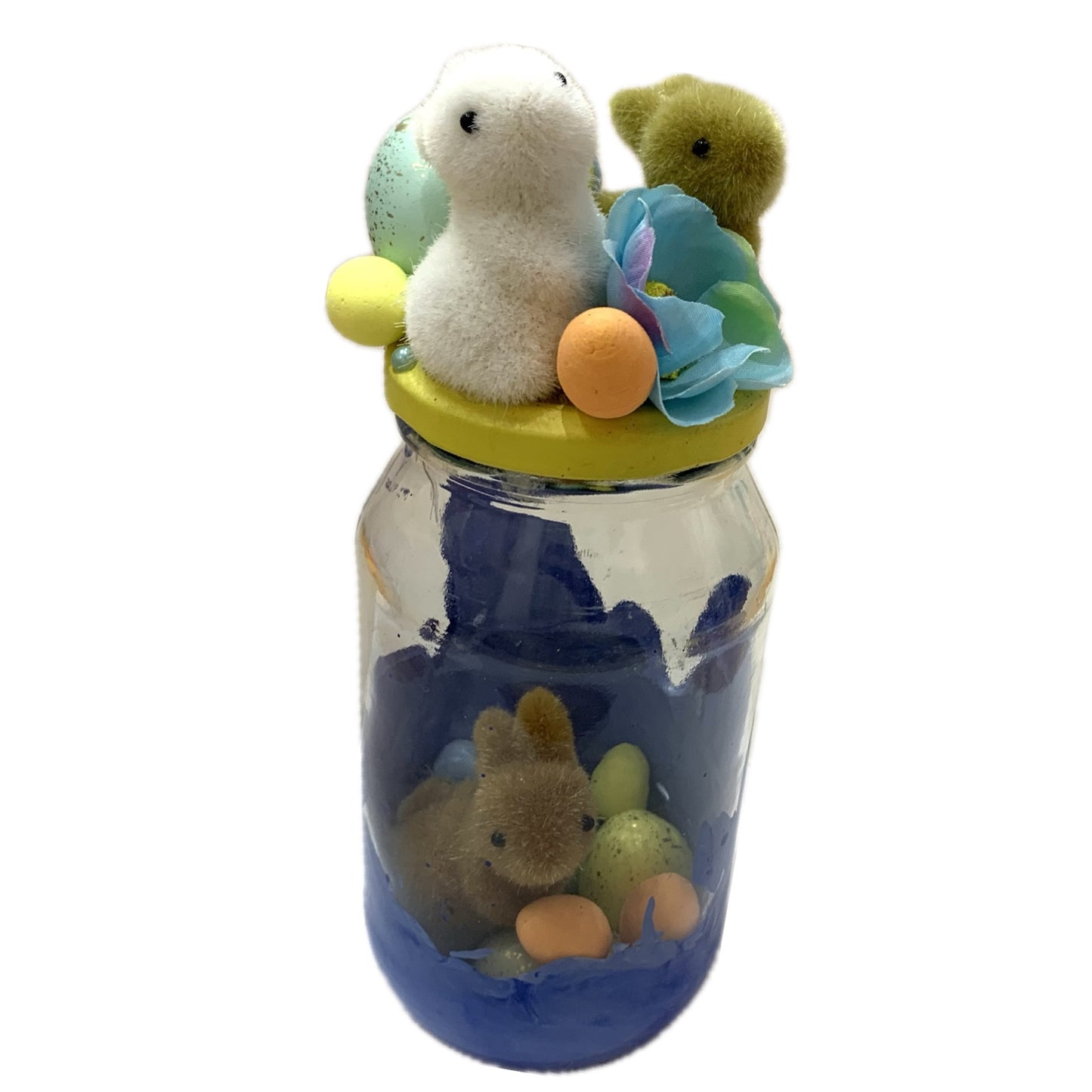 THIS BIRD HAS FLOWN- Bunny Bottle Easter Decoration- Yellow Lid & Blue Paint