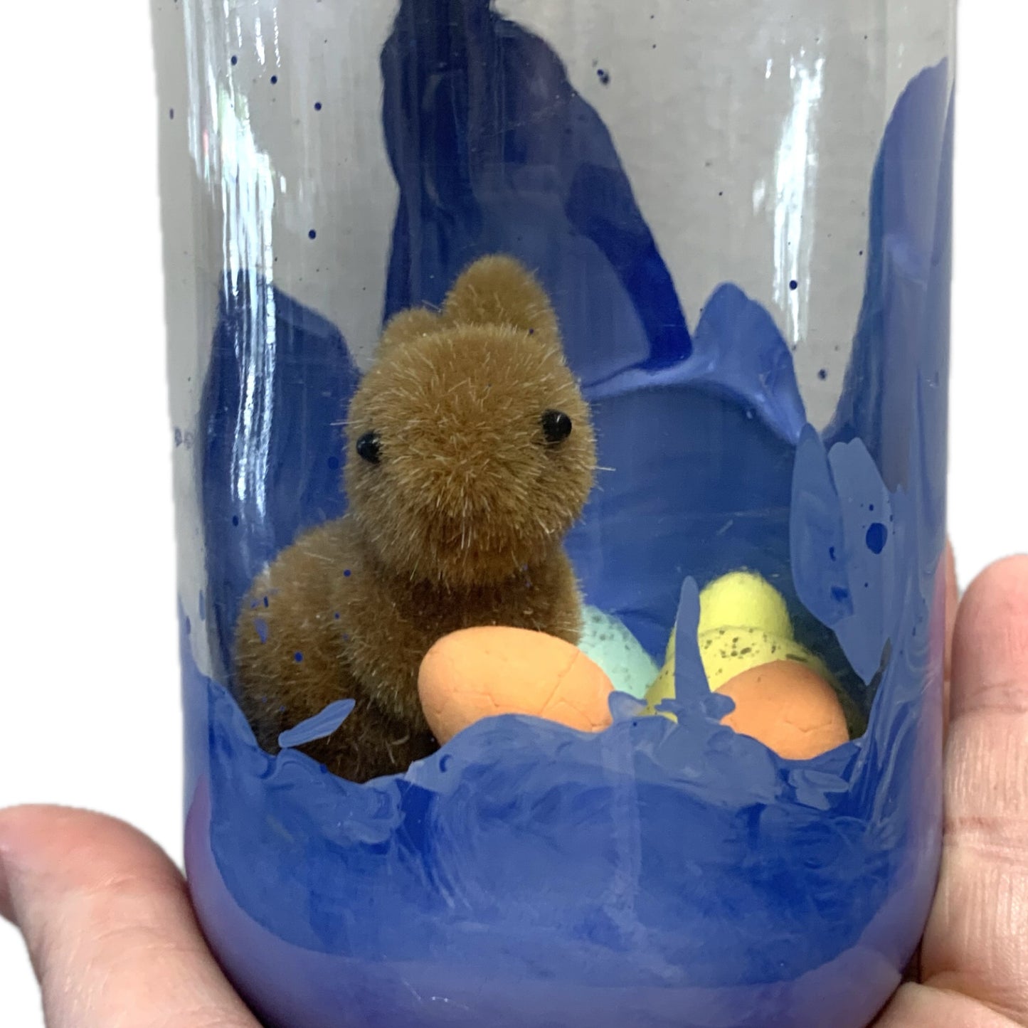 THIS BIRD HAS FLOWN- Bunny Bottle Easter Decoration- Yellow Lid & Blue Paint