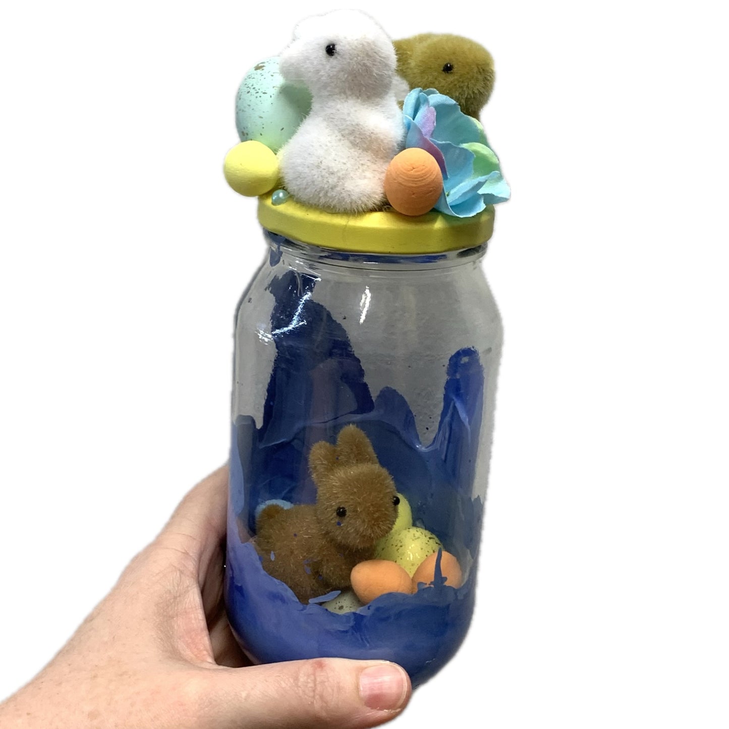 THIS BIRD HAS FLOWN- Bunny Bottle Easter Decoration- Yellow Lid & Blue Paint