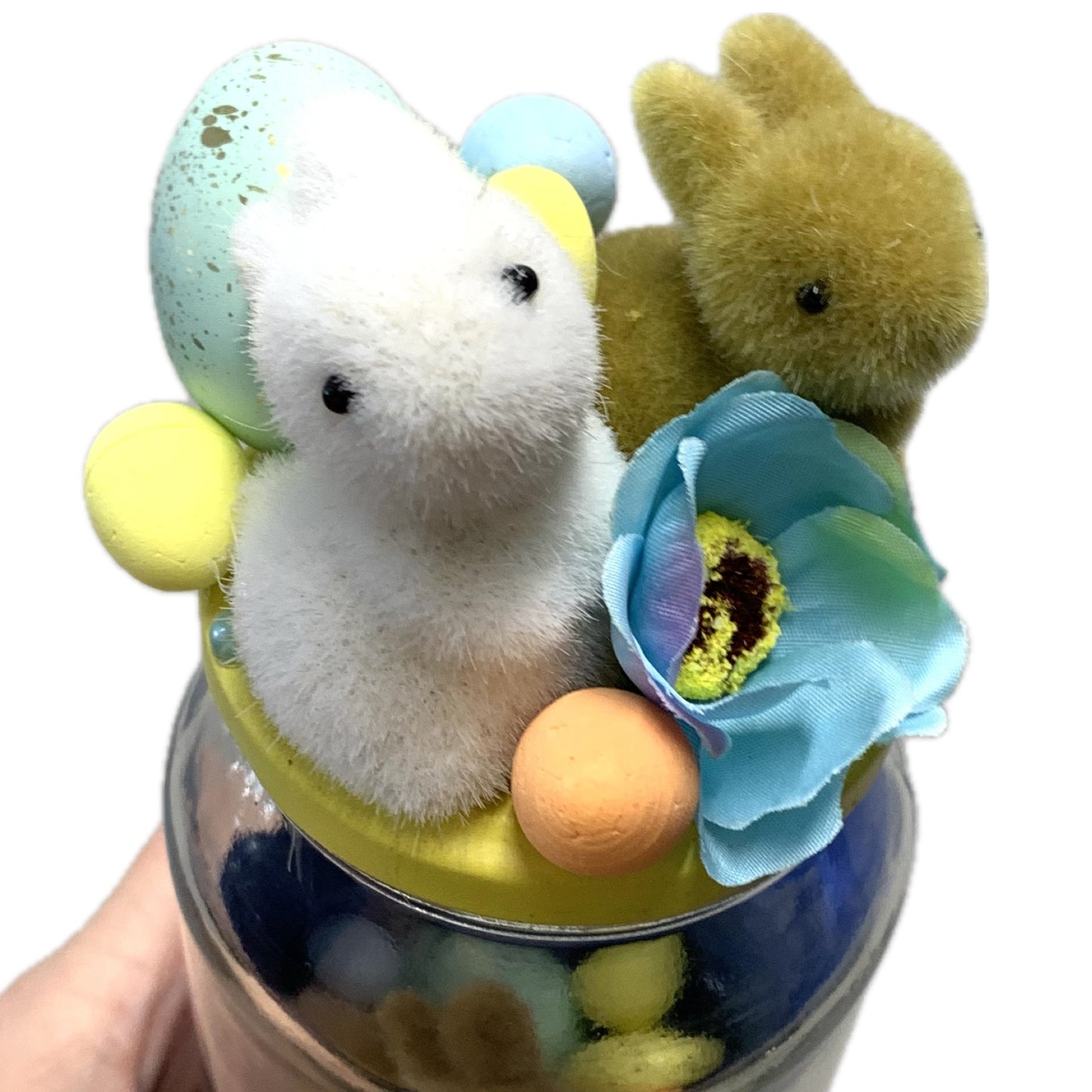 THIS BIRD HAS FLOWN- Bunny Bottle Easter Decoration- Yellow Lid & Blue Paint