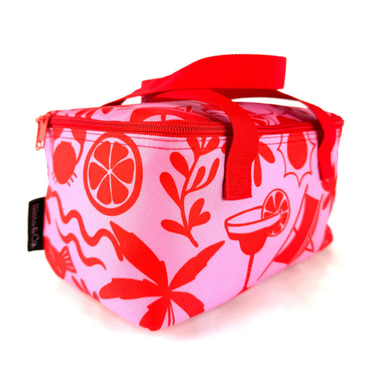 Pink and red patterned bag with a visible brand logo on a white background