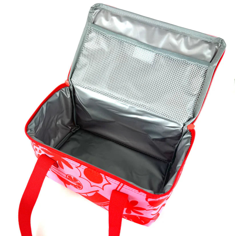 Red insulated lunch bag with open lid showing silver interior