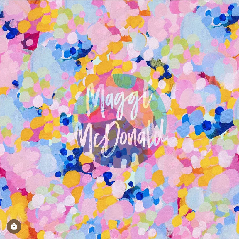 Colorful confetti pattern with 'Maggie McDonald' text overlay