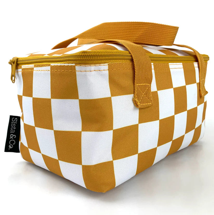 Checkered lunch bag with mustard yellow and white pattern on a white background