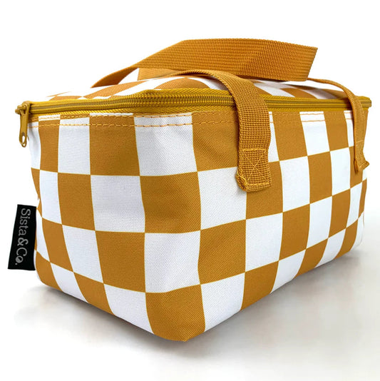 Checkered lunch bag with mustard yellow and white pattern on a white background