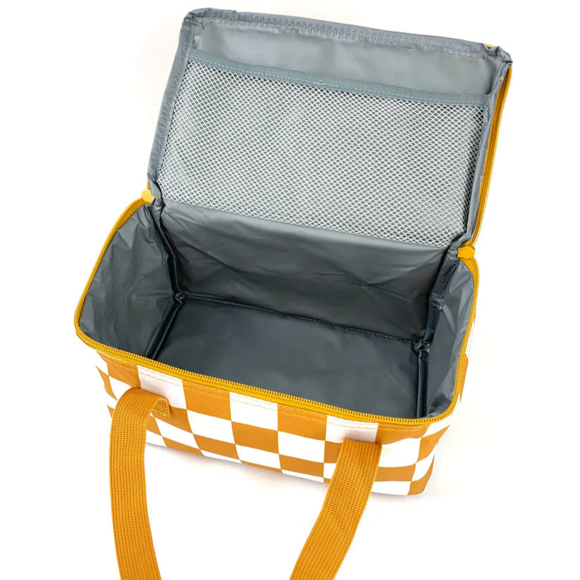 Checkered bag with yellow handle on a white background