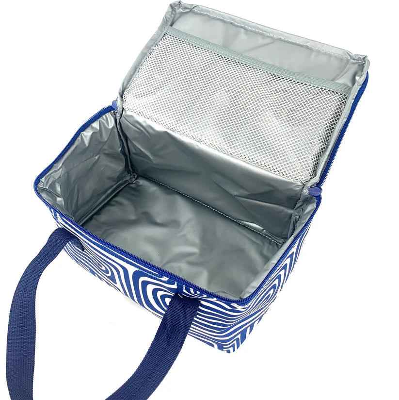 Blue and white patterned cooler bag with open lid showing silver lining on a white background