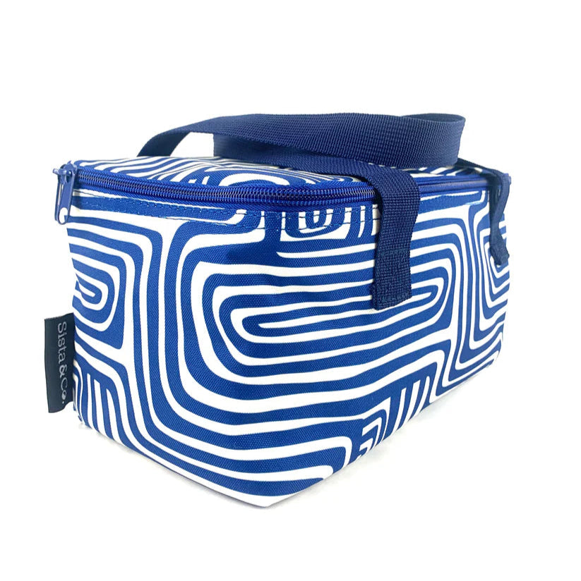 Blue and white patterned cooler bag on a white background