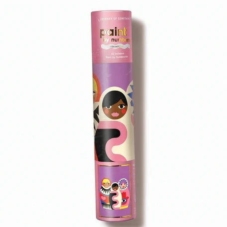 A paint by numbers kit with a canvas and various colored pots of paints, featuring illustrations of characters and the Australian bush.