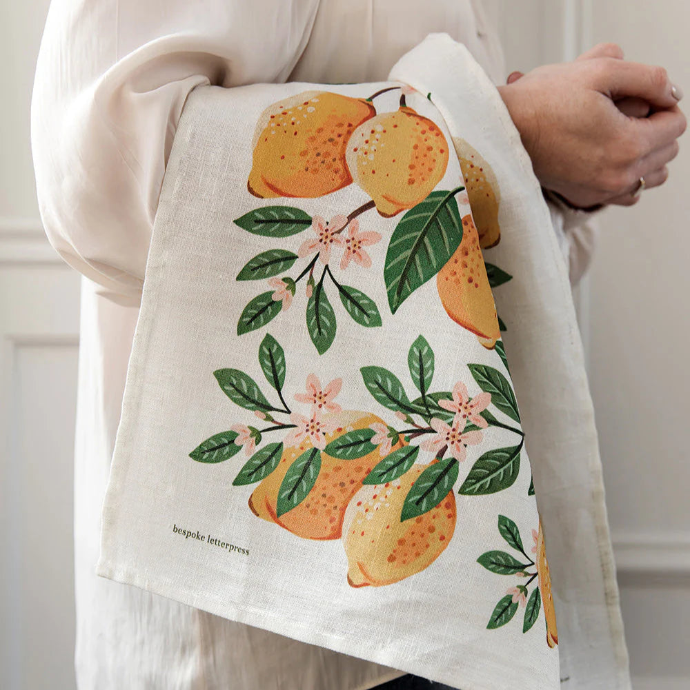 BESPOKE LETTERPRESS - "Lemons"- 100% Linen Tea Towel