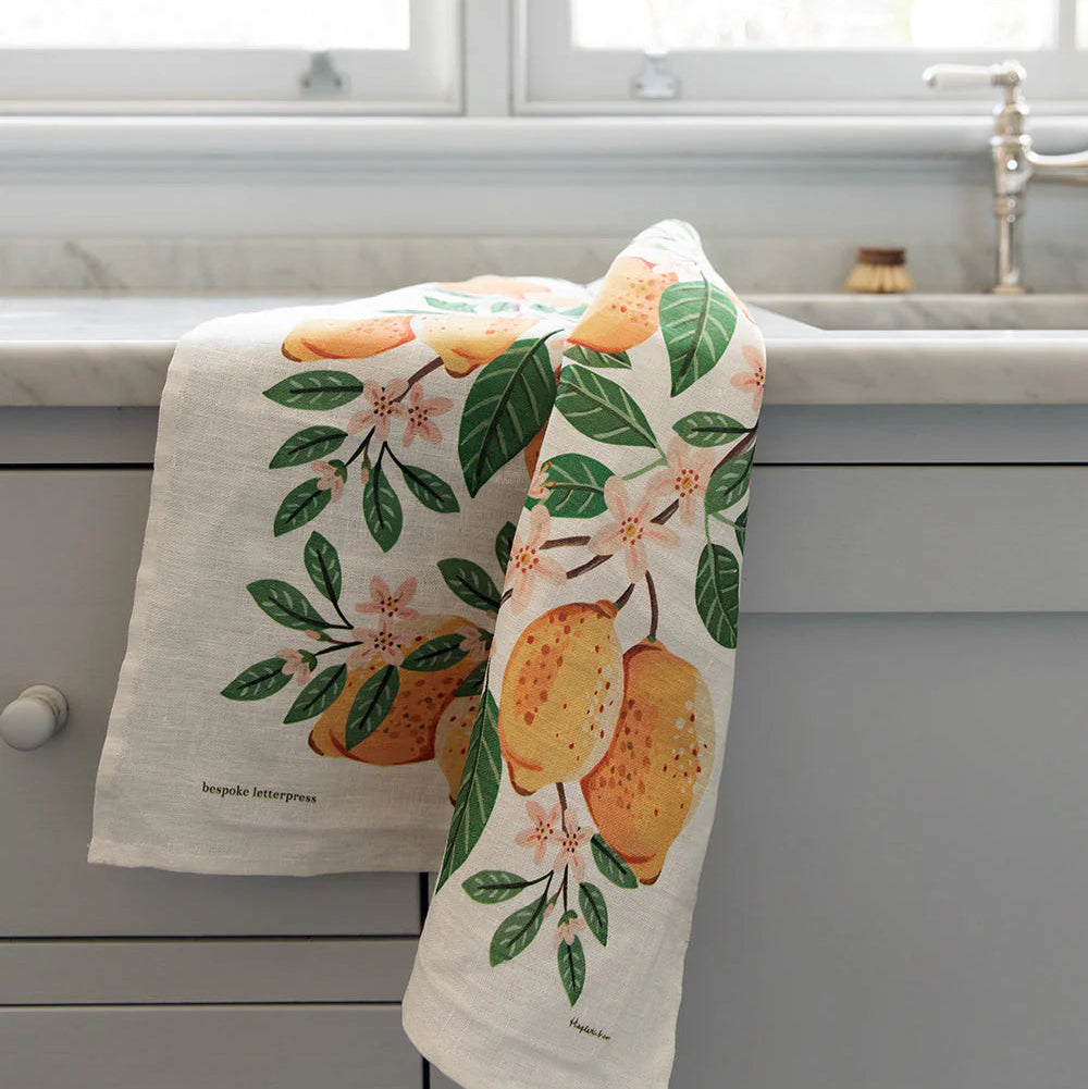 BESPOKE LETTERPRESS - "Lemons"- 100% Linen Tea Towel