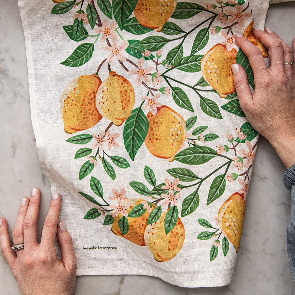 BESPOKE LETTERPRESS - "Lemons"- 100% Linen Tea Towel