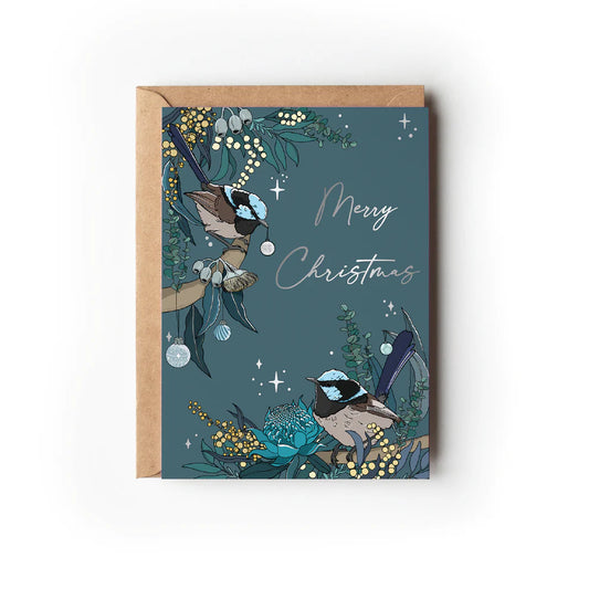 Green Mini Creative - "Blue Wren" Silver Foil Christmas Greeting Card