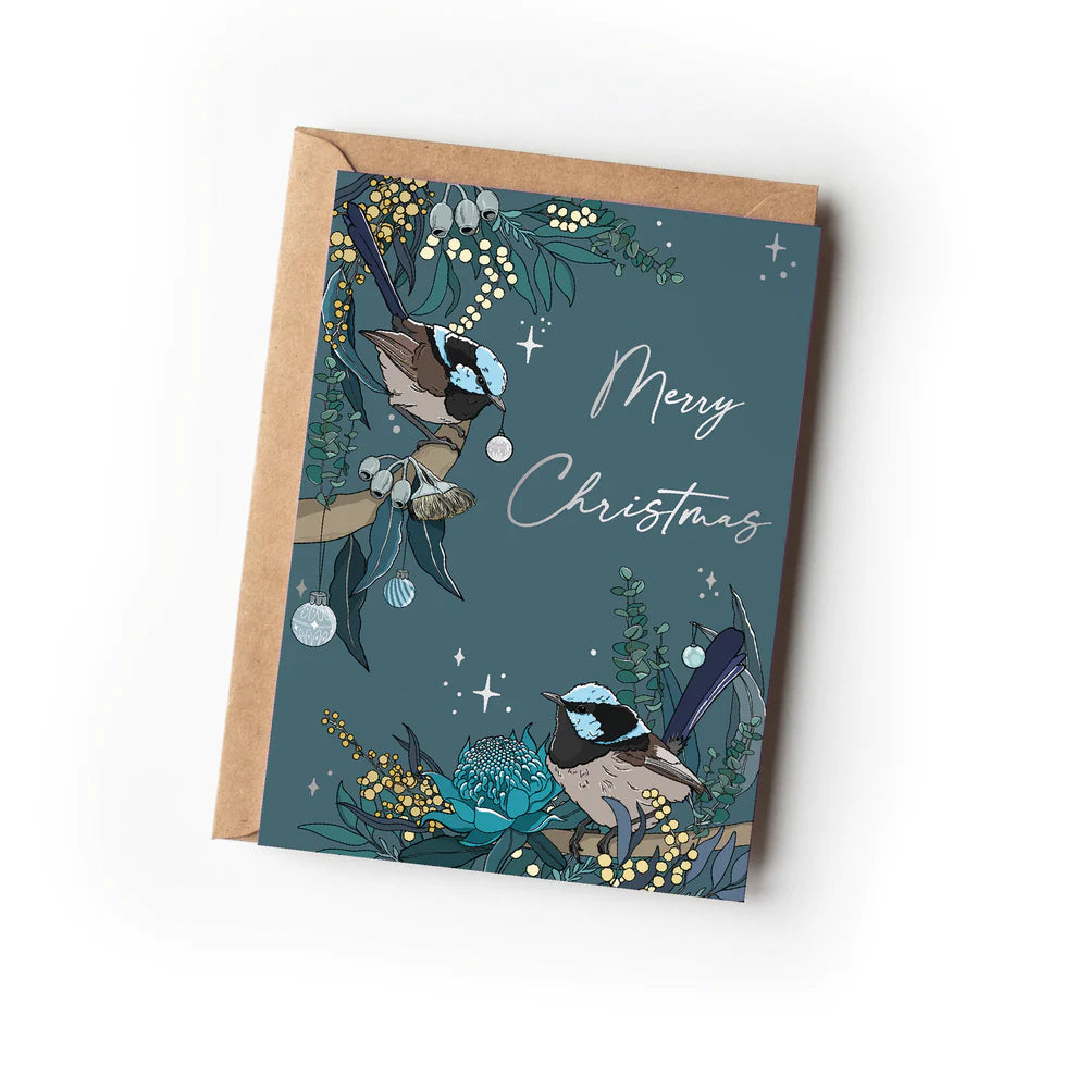 Green Mini Creative - "Blue Wren" Silver Foil Christmas Greeting Card