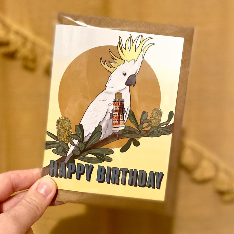 Green Mini Creative - Greeting Cards- White Cockatoo & Chiko Roll Birthday Card