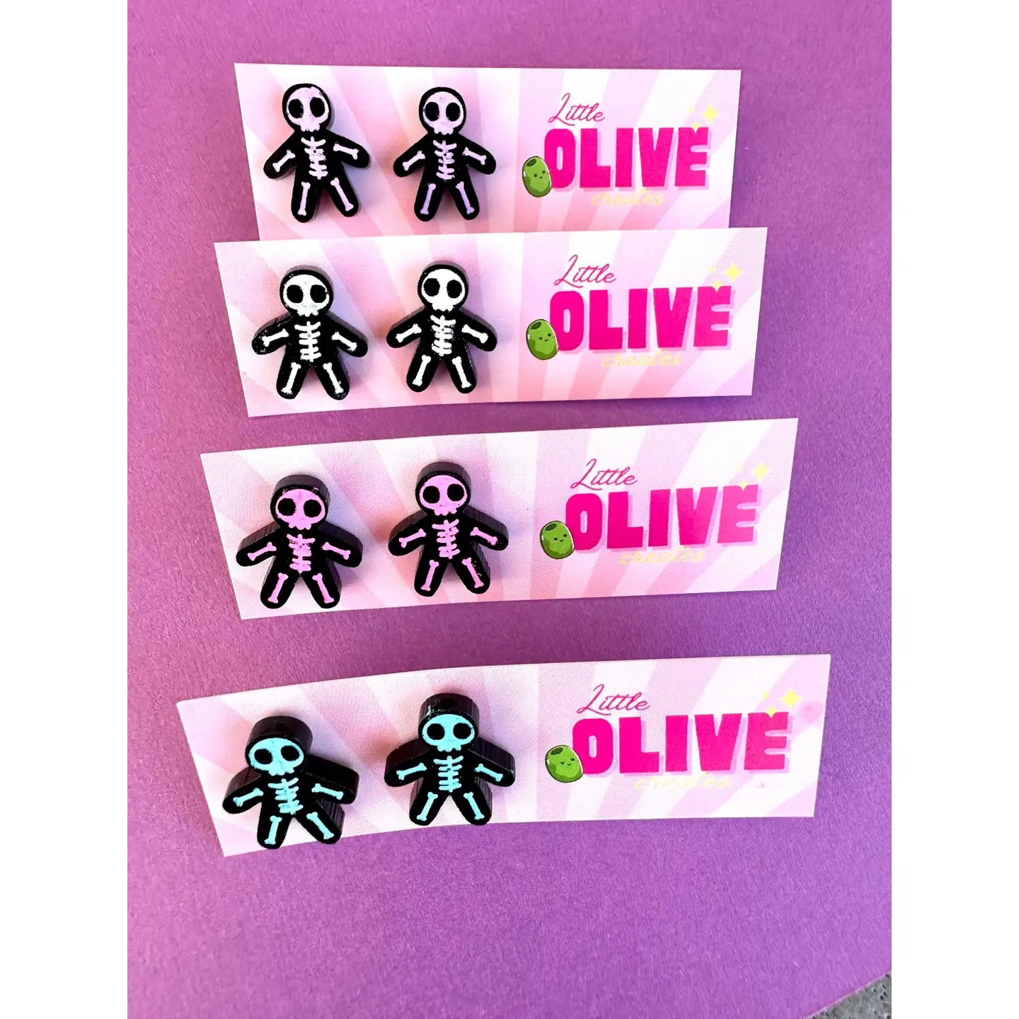 LITTLE OLIVE CREATES - Hand-Coloured Skeleton Stud Earrings - White