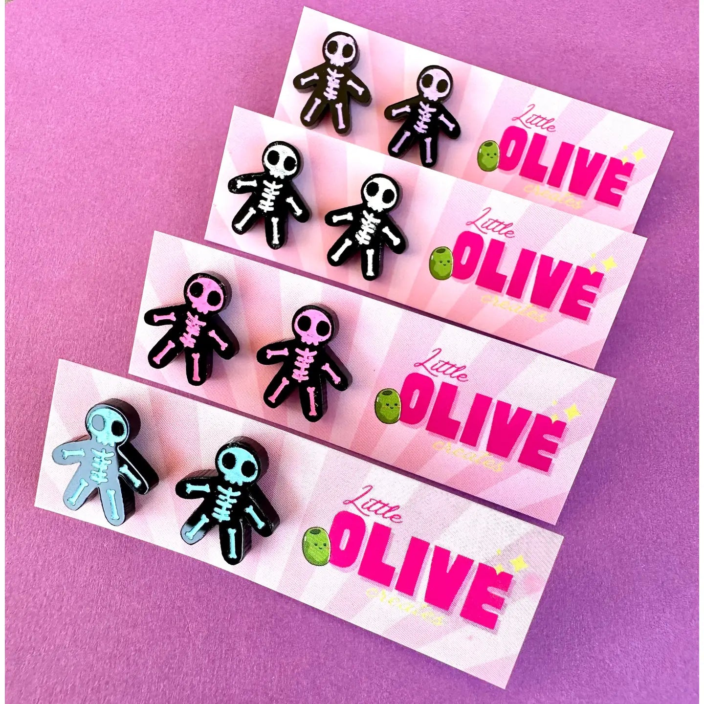LITTLE OLIVE CREATES - Hand-Coloured Skeleton Stud Earrings - White