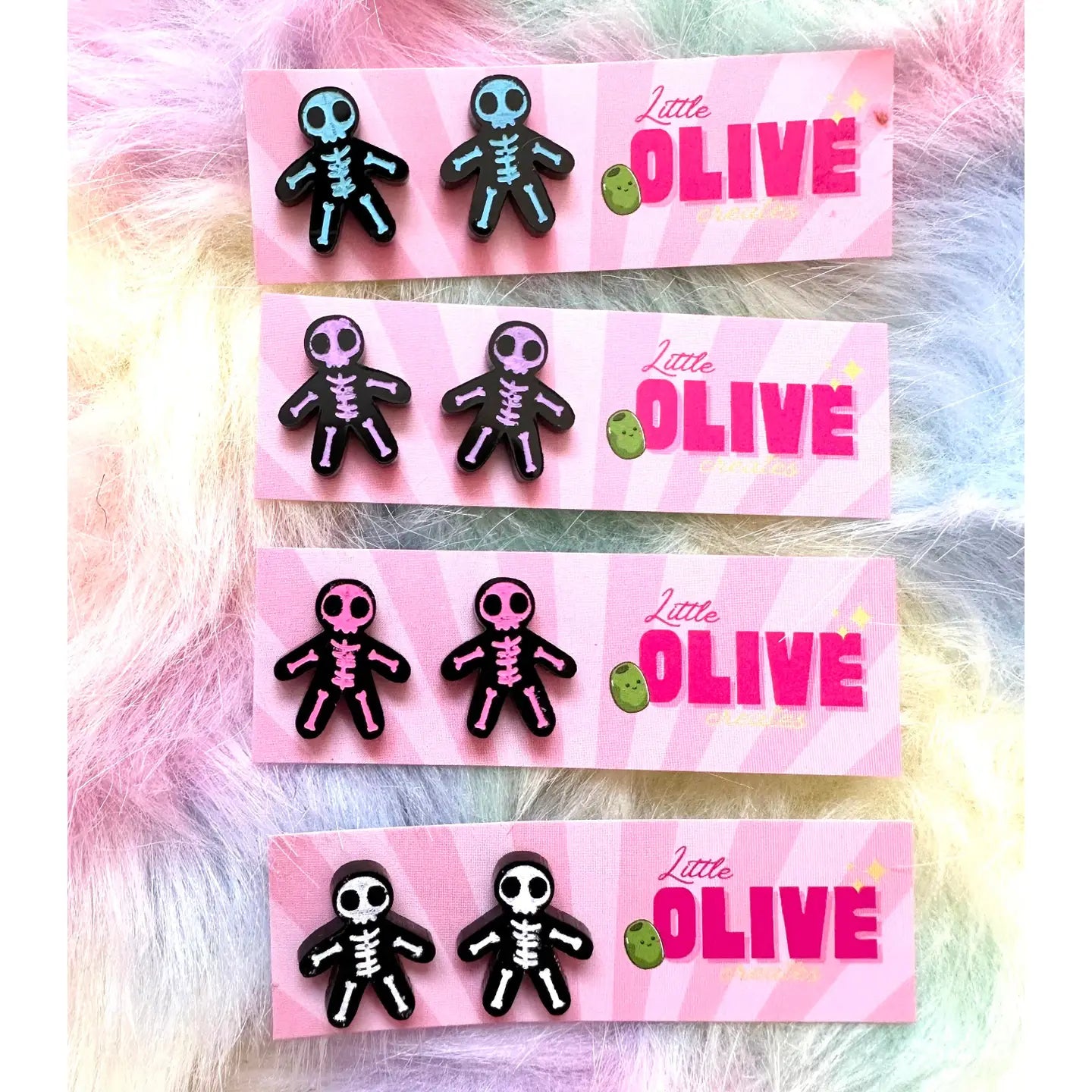 LITTLE OLIVE CREATES - Hand-Coloured Skeleton Stud Earrings - White