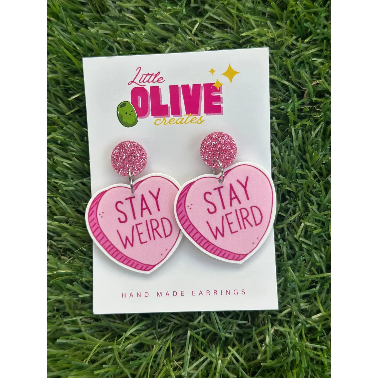LITTLE OLIVE CREATES - “Stay Weird” Heart Earrings