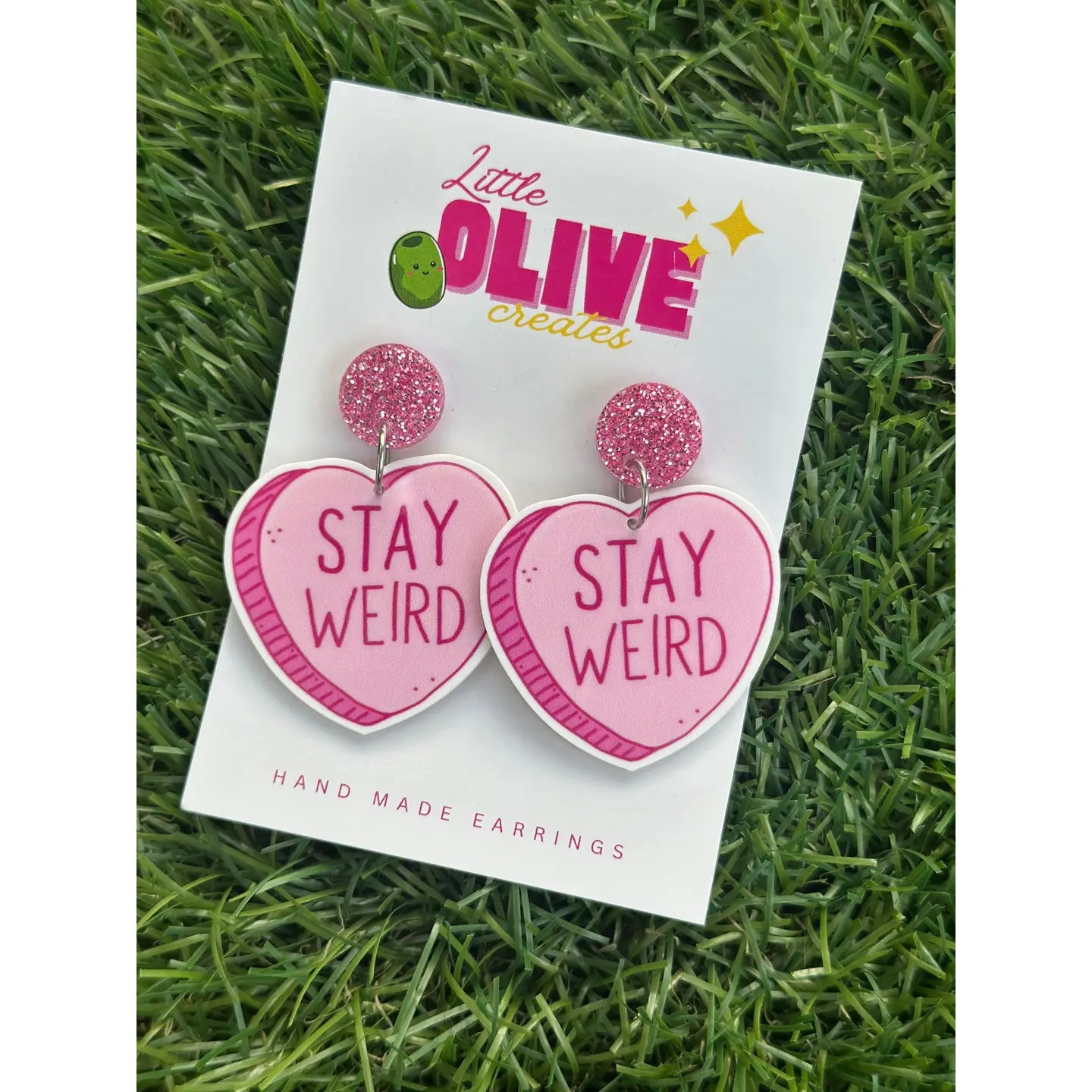 LITTLE OLIVE CREATES - “Stay Weird” Heart Earrings