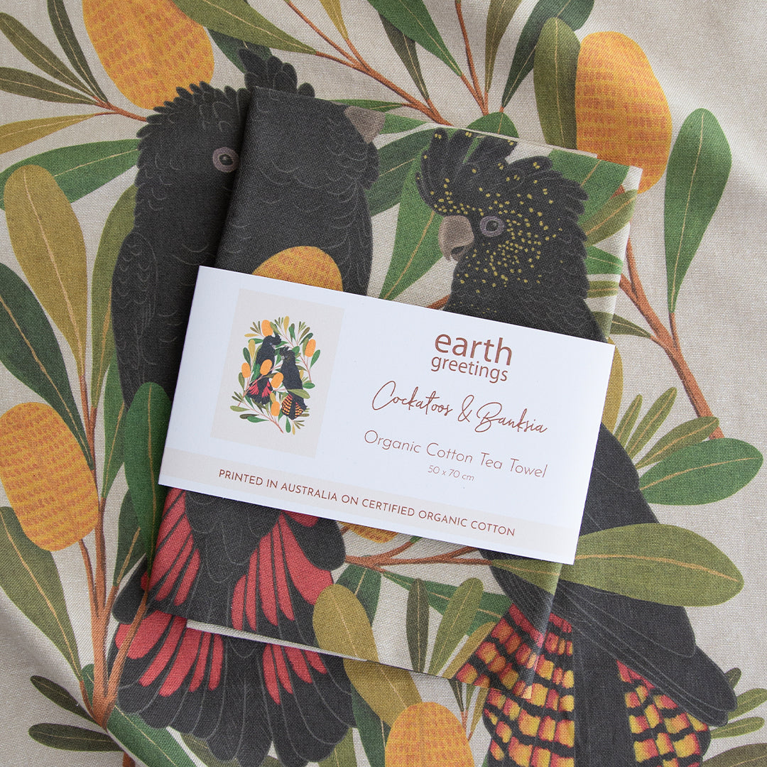 EARTH GREETINGS- Cockatoos & Banksia- Tea Towel