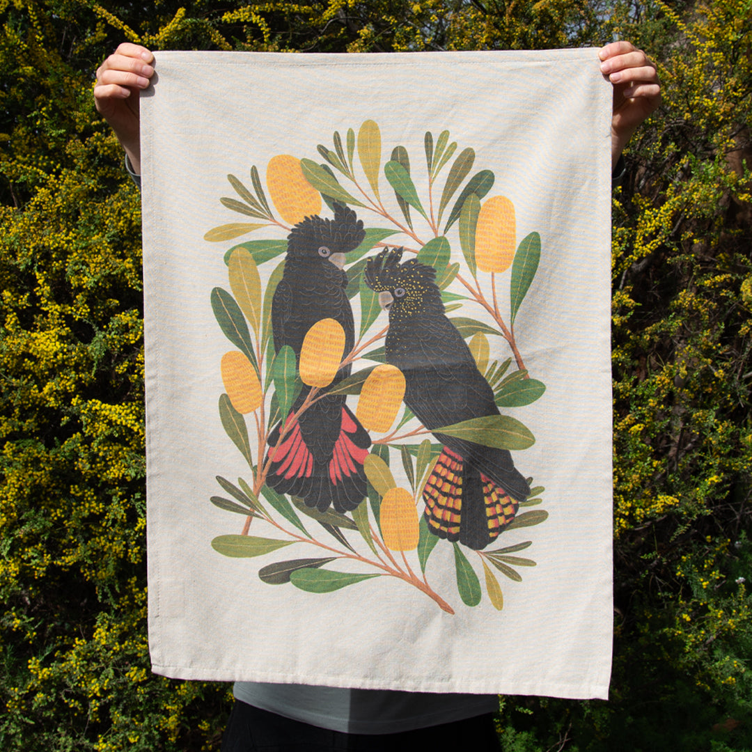 EARTH GREETINGS- Cockatoos & Banksia- Tea Towel