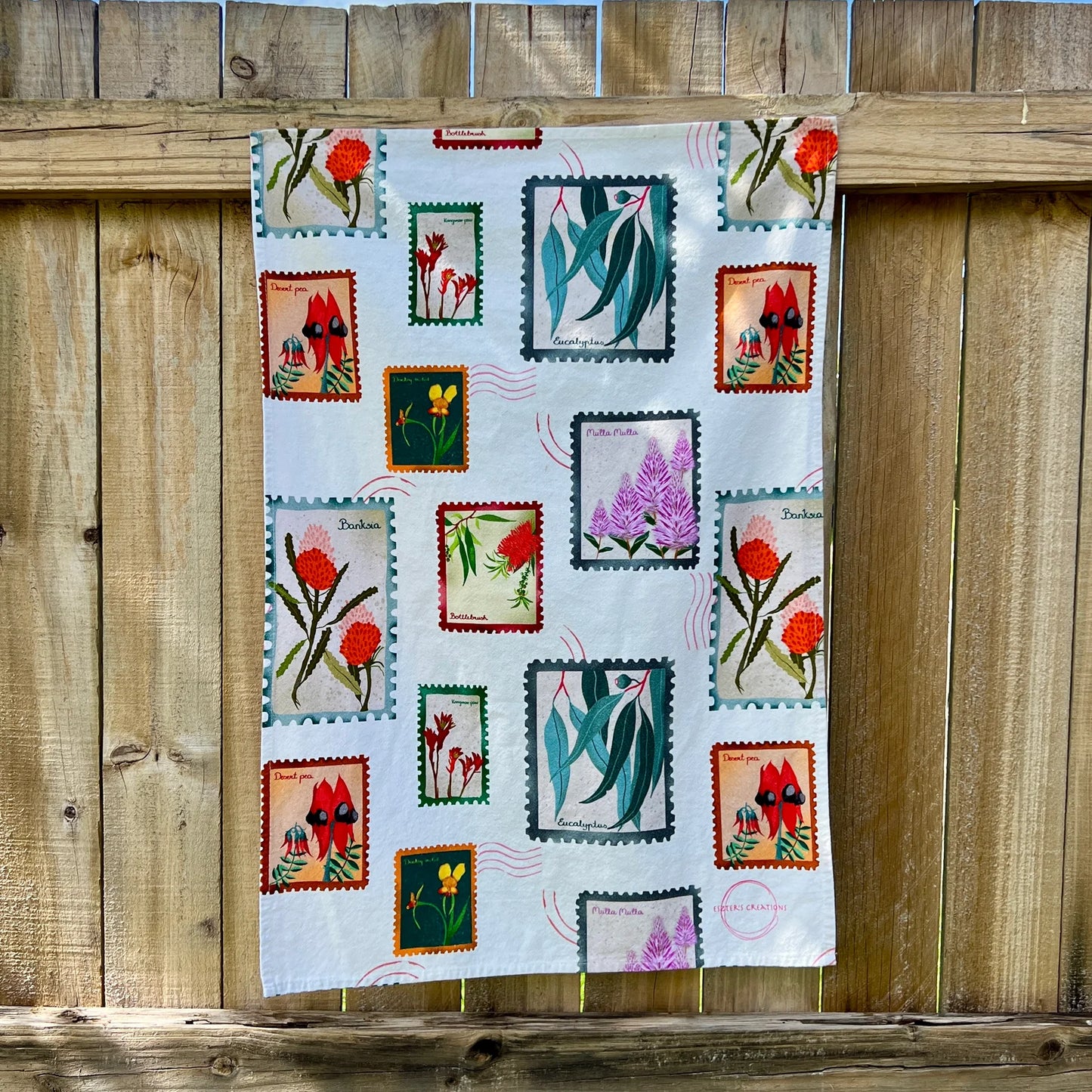 ESZTER'S CREATIONS - "Australian Wildflower Stamp White"- Tea Towel