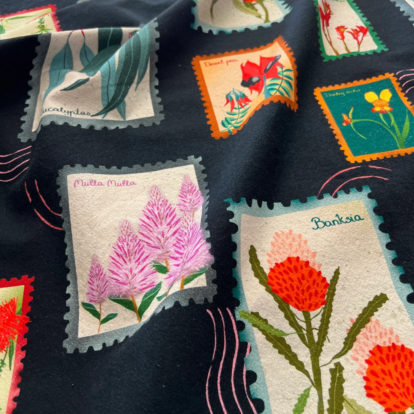 ESZTER'S CREATIONS - "Australian Wildflower Stamp Black"- Tea Towel