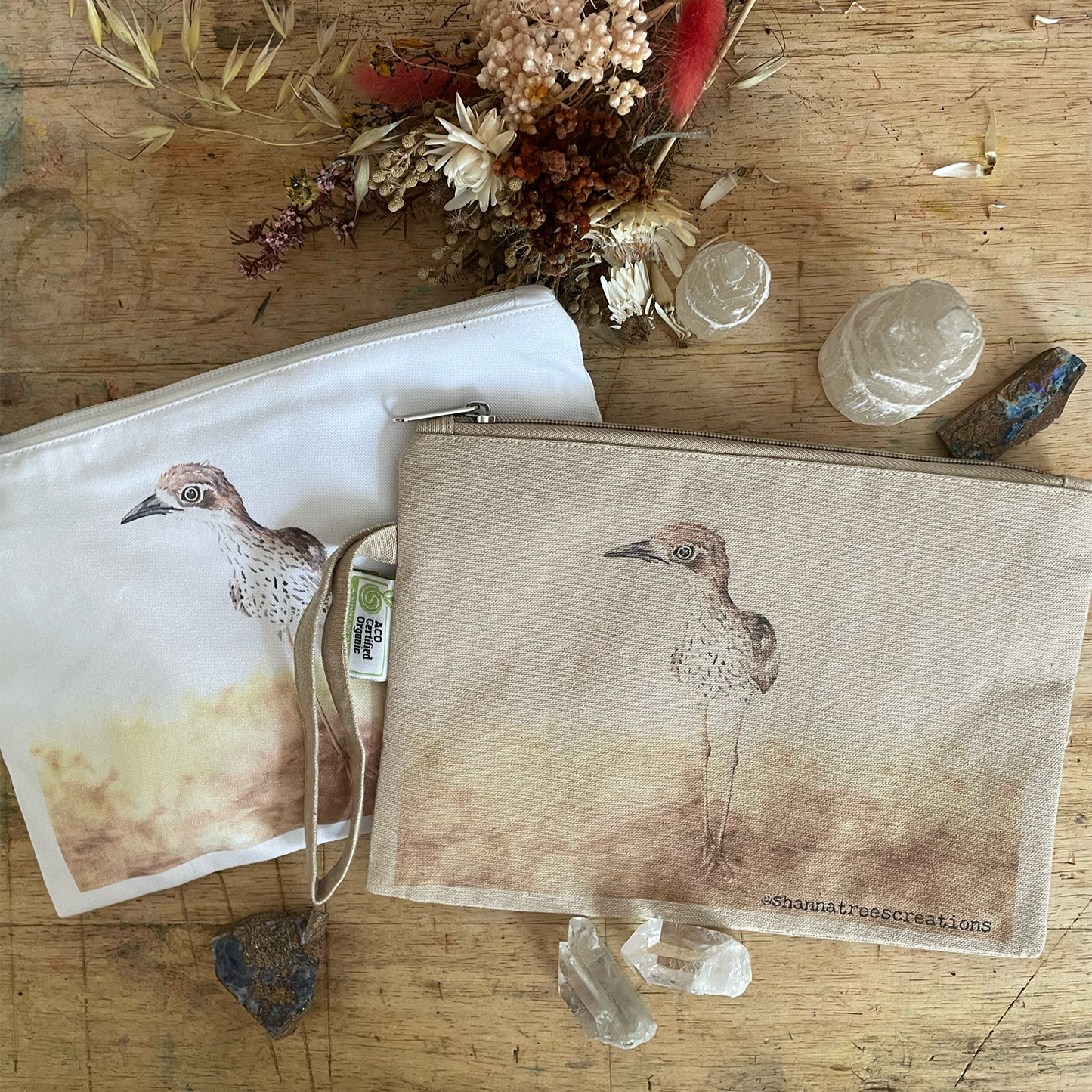 Shanna Trees Creations- "Curlew" Organic Cotton Zip Pouches- White