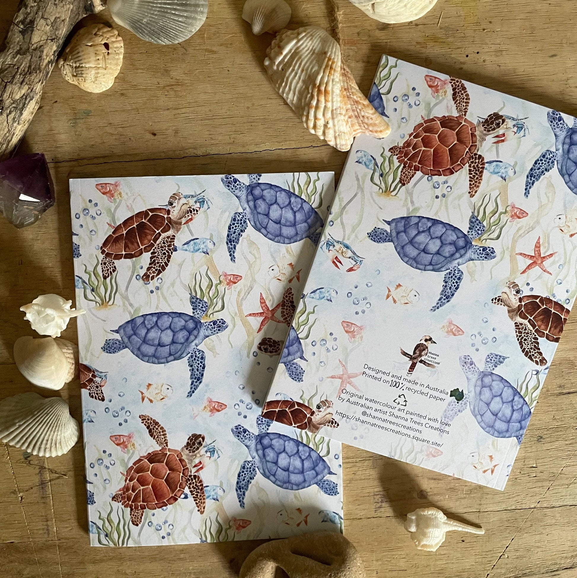 Two notebooks with turtle designs on a wooden surface with seashells.