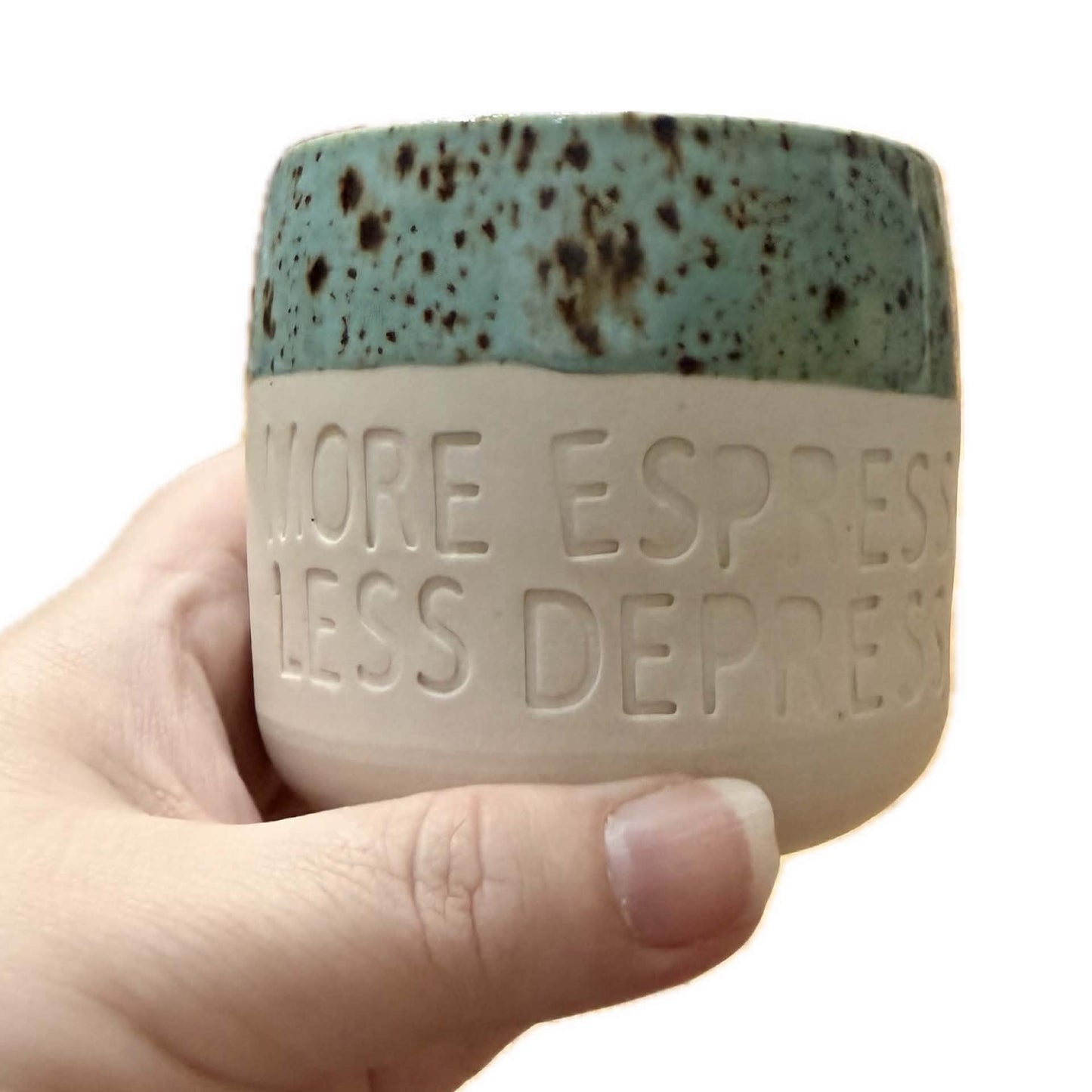 POTTERESS BY ALICIA - MORE ESPRESSO LESS DEPRESSO - Hand Stamped Mug - MORE ESPRESSO LESS DEPRESSO