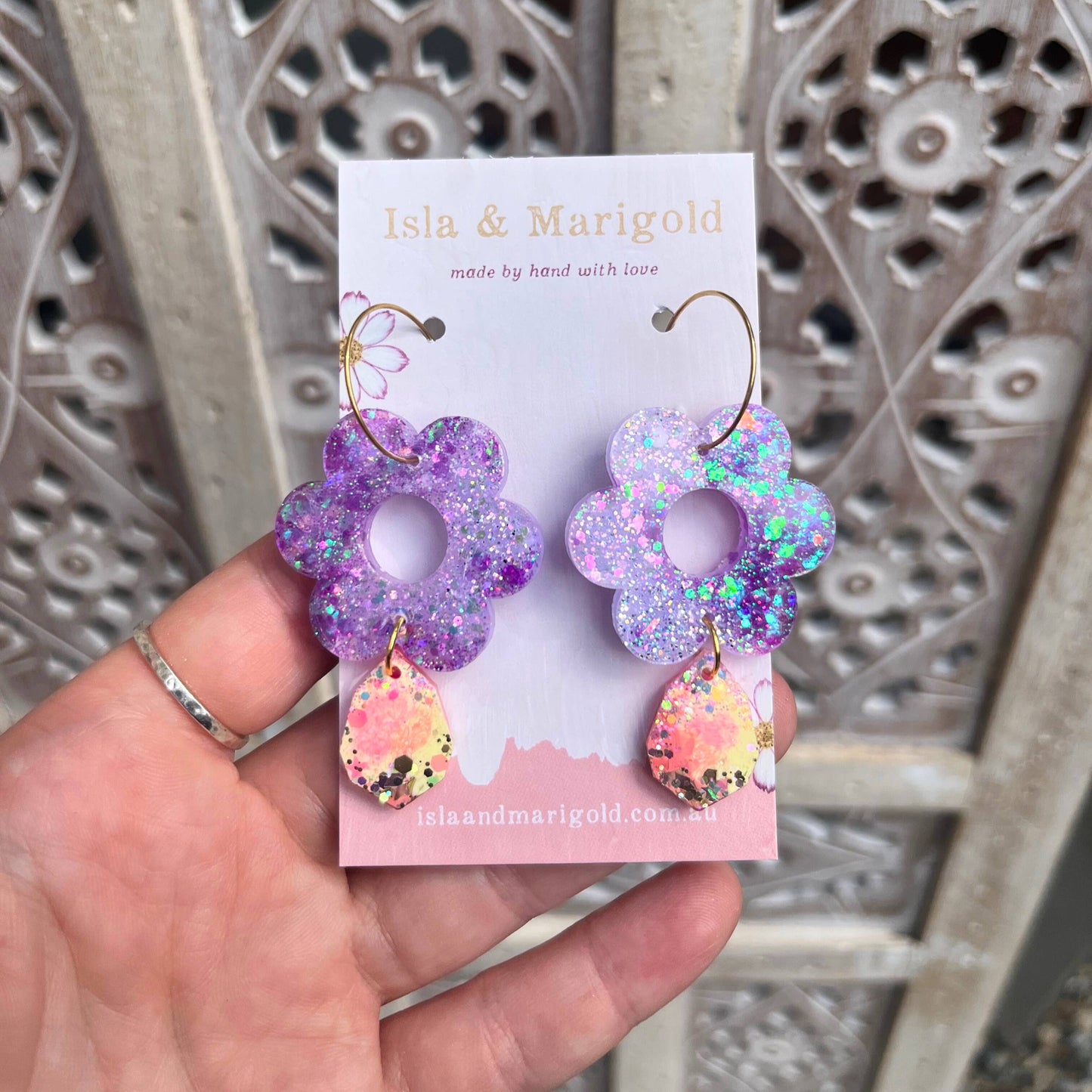 Isla & Marigold- Purple Yellow Pink Flower Leaf Resin Glitter Hoop Earrings