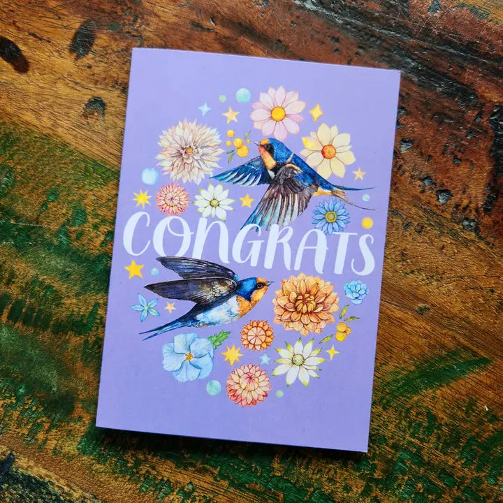 WATERCOLOURS BY CAT- Congratulations Greeting Card - Swallow Birds