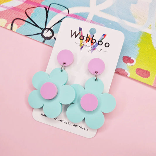 WAHBOO- Bubble Flower Dangle Earrings -Aqua flower and bubblegum top and centre