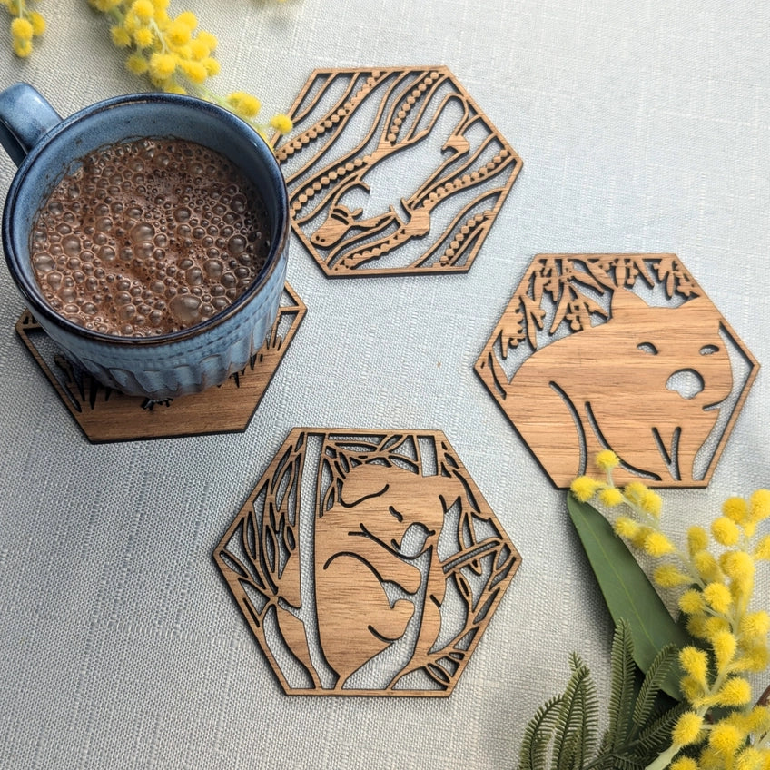 STRAYA ART- Australian Animals - Wooden Coaster Set