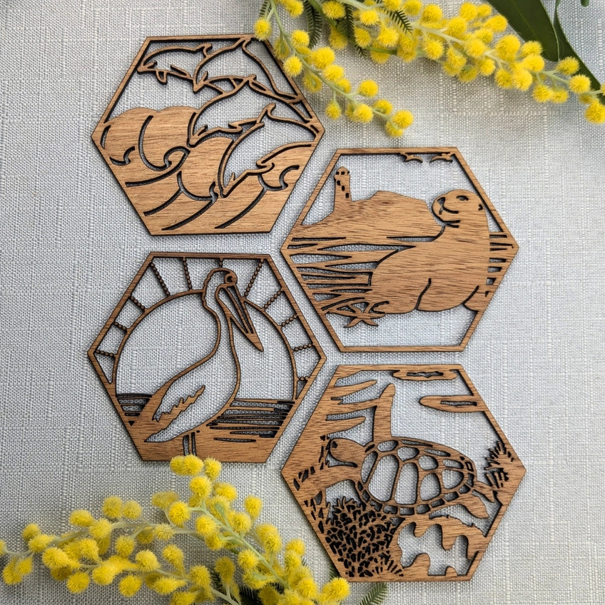 STRAYA ART- Australian Coastal - Wooden Coaster Set