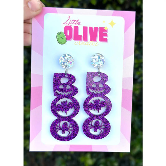 LITTLE OLIVE CREATES - Purple Glitter Boo Halloween Dangle Earrings