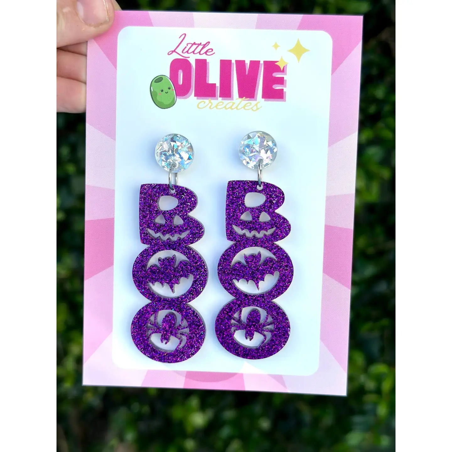 LITTLE OLIVE CREATES - Purple Glitter Boo Halloween Dangle Earrings