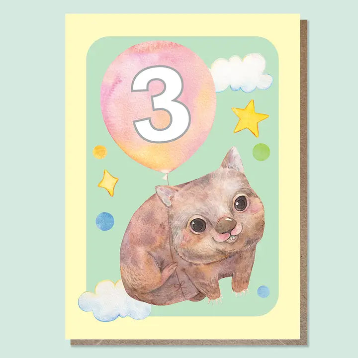 WATERCOLOURS BY CAT- "Three - Wombat"- Australian Animal Kids Age Card
