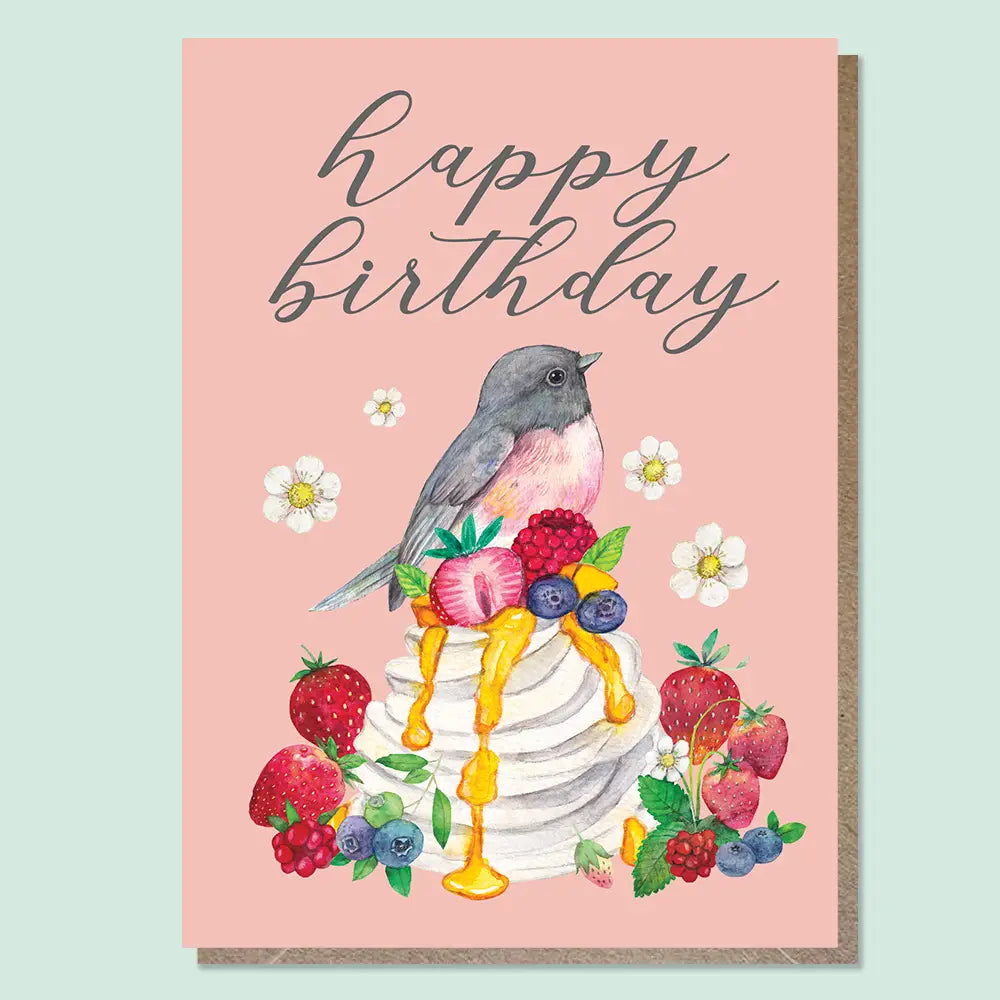 WATERCOLOURS BY CAT- "Pink Robin Happy Birthday" Greeting Card