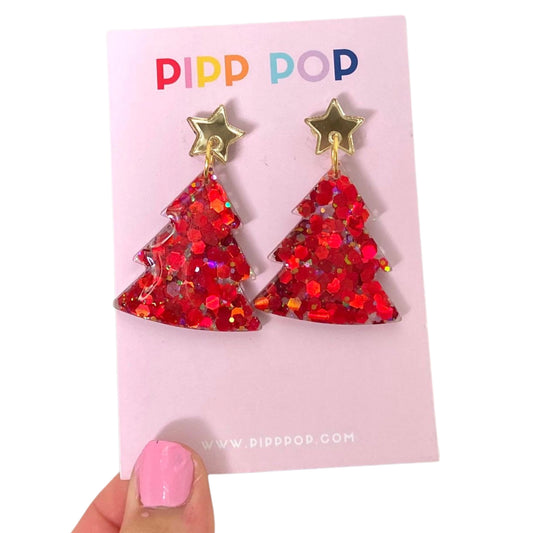 PIPP POP- Glitter Christmas Tree Dangles - Red Glitter