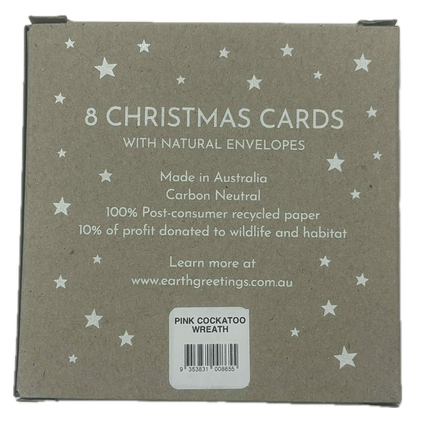 EARTH GREETINGS- Boxed Christmas Cards (Square) - Pink Cockatoo Wreath