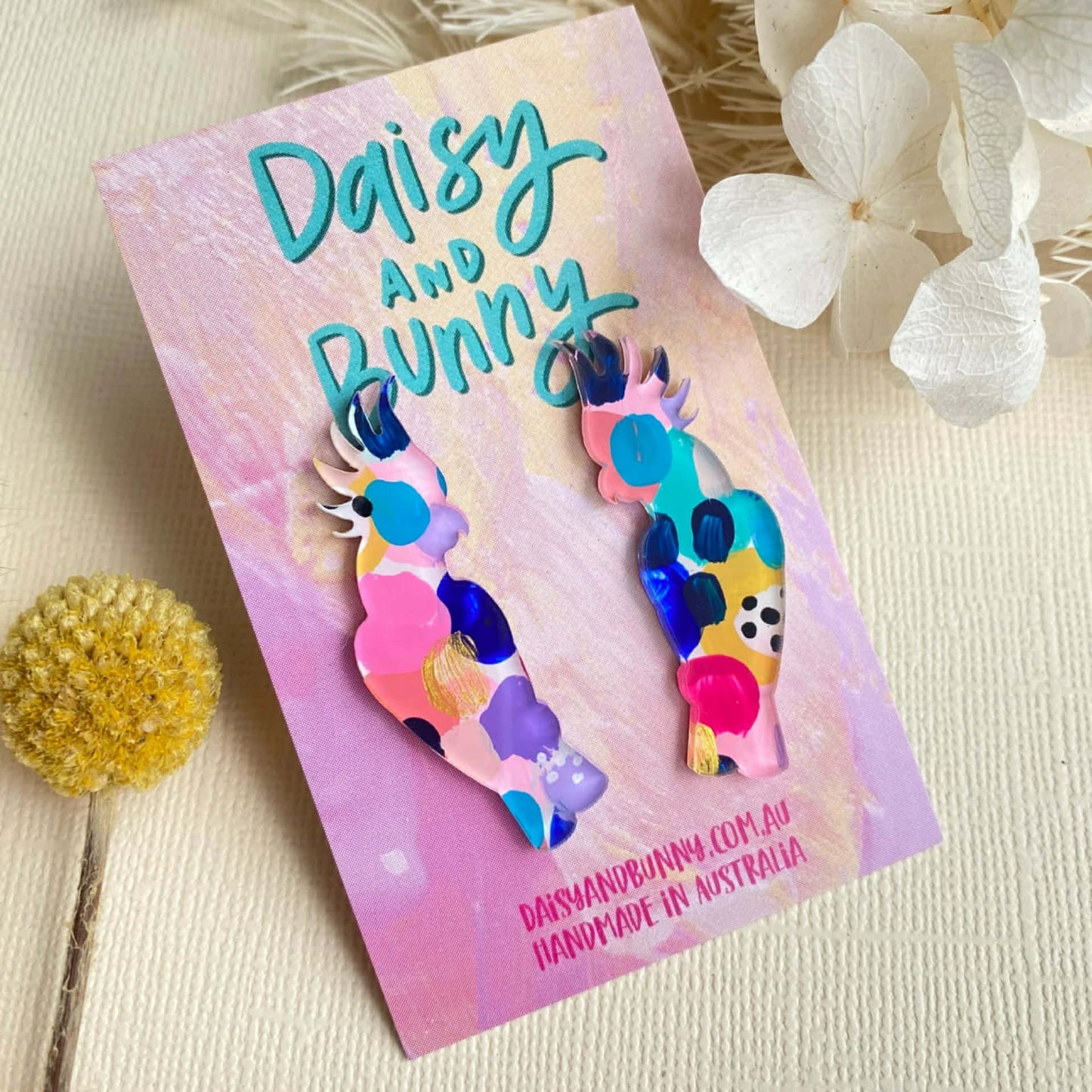 DAISY AND BUNNY - Hand Painted Cockatoo Studs - Multi